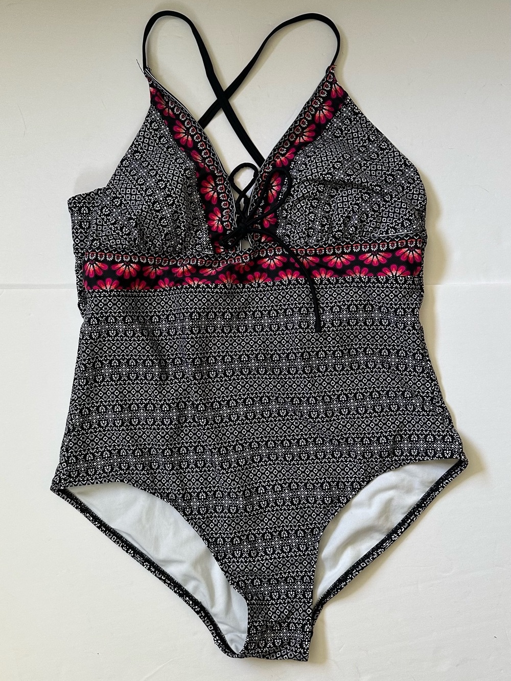 Kona Sol Floral Print One Piece Swimsuit Tie Front Padded XL
